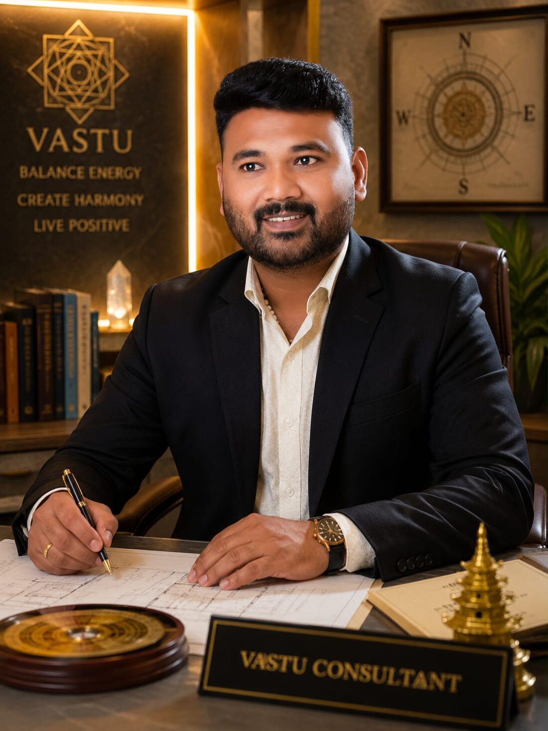 Yuggon Astro Vastu consultant at his desk reviewing a floor plan